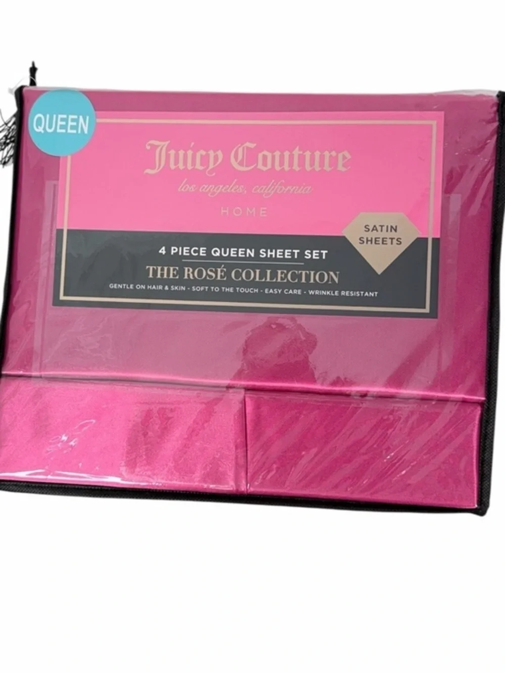 Juicy Couture Queen Satin Sheet Set Rose Collection Hot Pink 4 Piece Bedding Set
